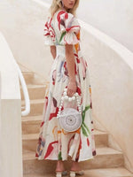 Full Size Abstract Print Puff Sleeve Midi Dress Plus Size