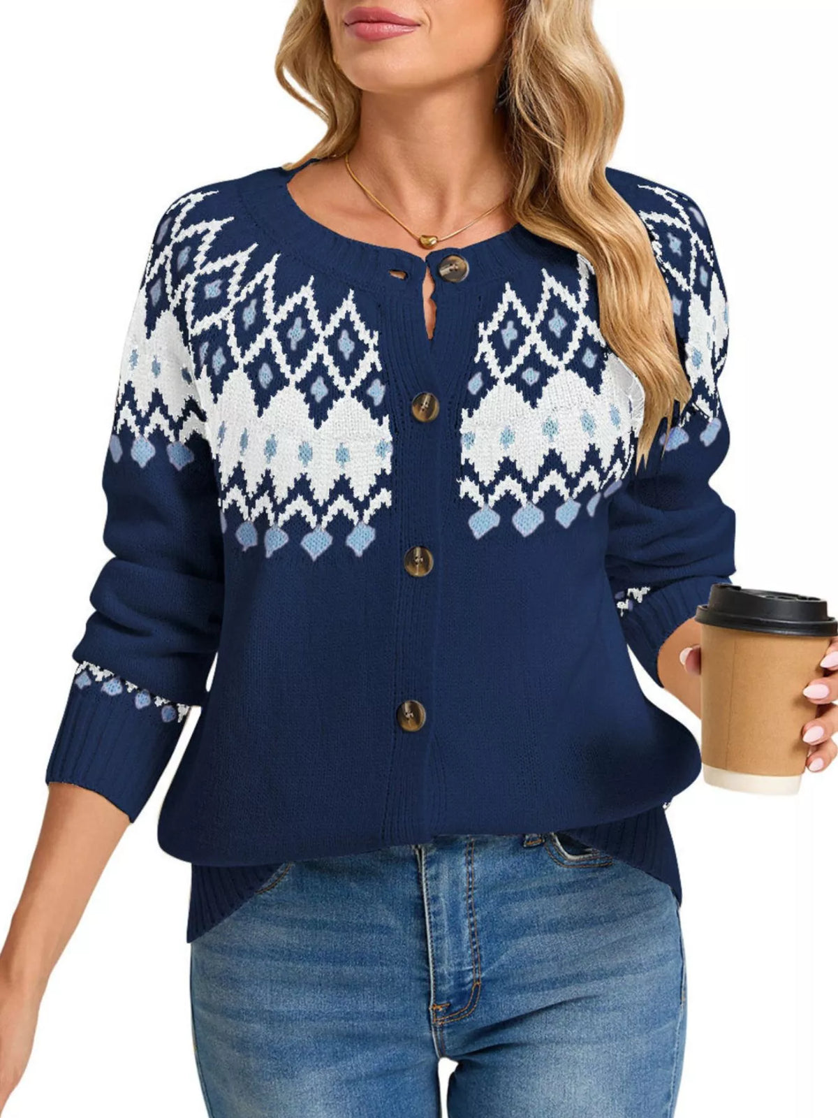 Fair Isle Patterned Button-Down Knit Cardigan