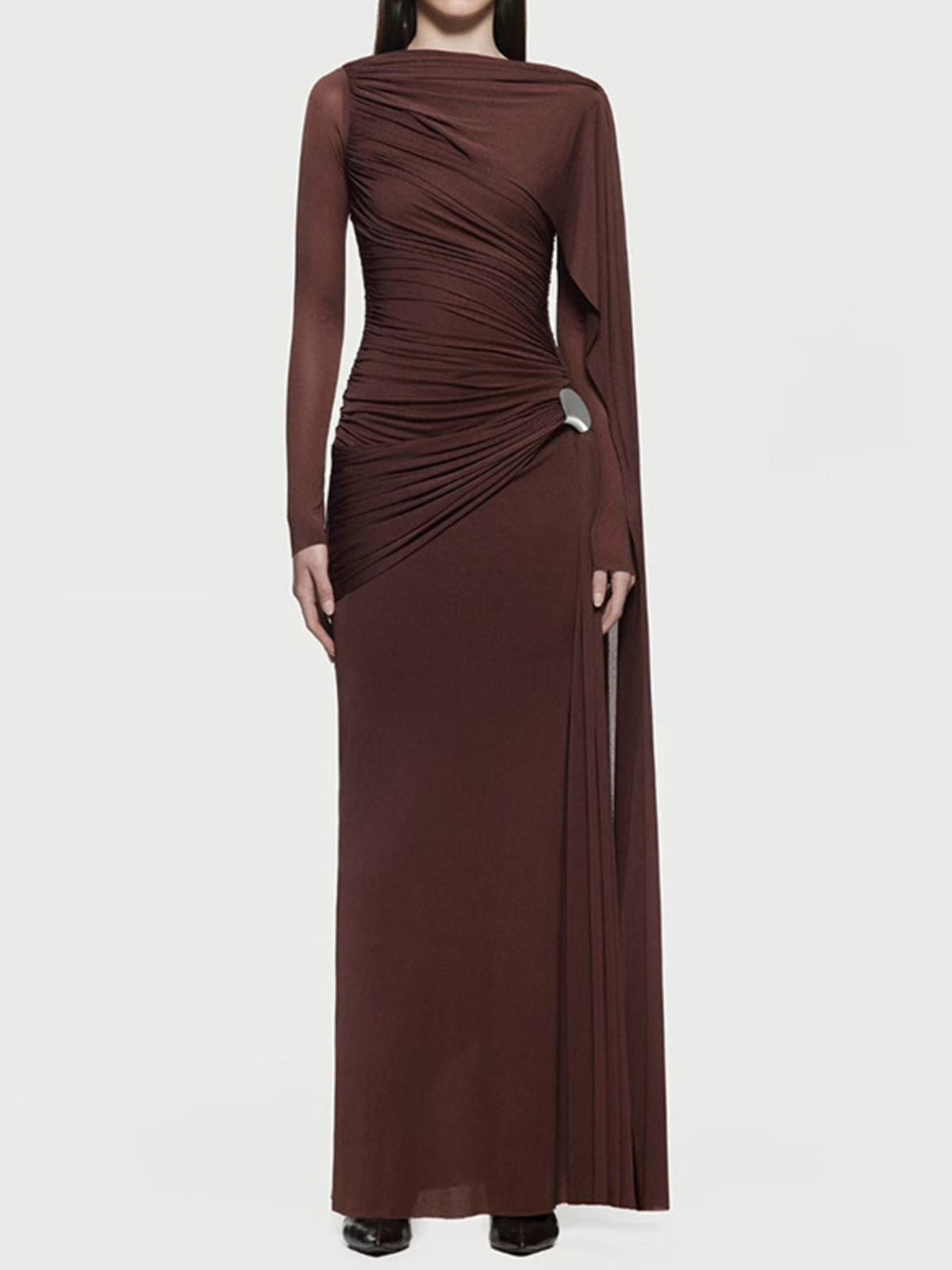 Ruched Draped Long Sleeve Maxi Dress