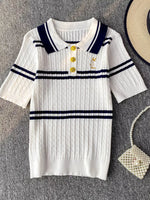 Striped Knit Polo Collar Top