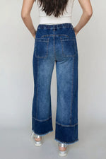 Drawstring Seam Detail Raw Hem Wide Leg Denim Pants