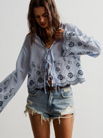 Floral Embroidered Tie-Front Blouse