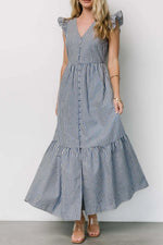 Slit Striped V-Neck Ruffled Cap Sleeve Dress