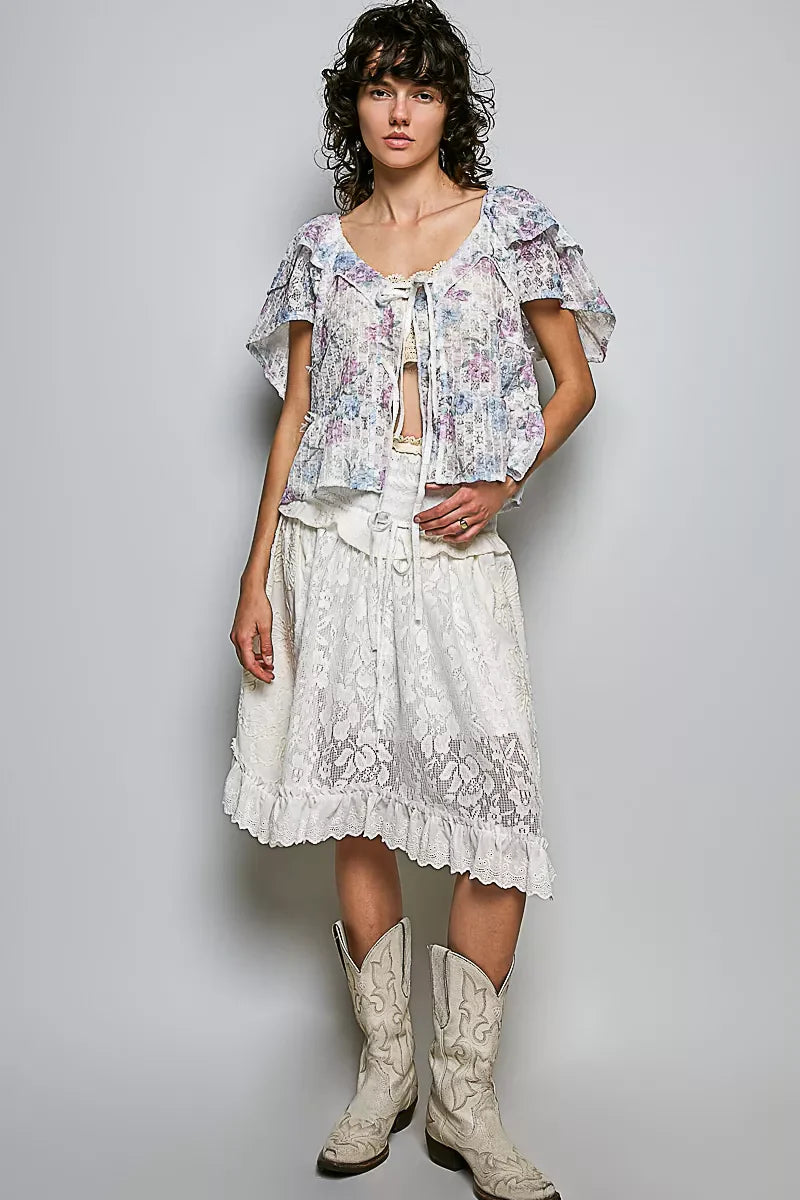 POL Lace Detail Floral Tie Front Ruffle Short Sleeve Blouse