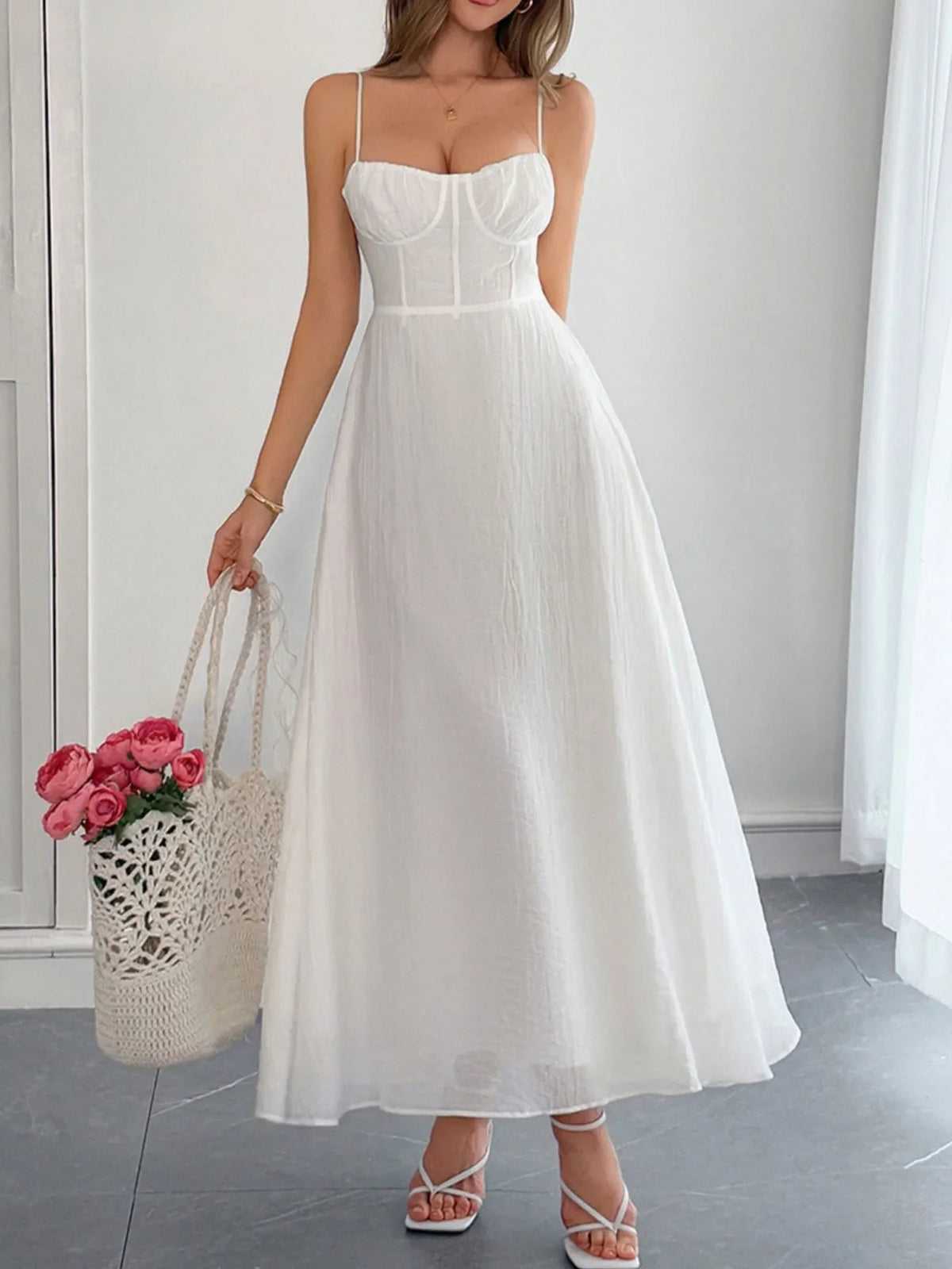 Texture Sweetheart Neck Backless Cami Dress