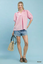 Umgee Gingham Puff Sleeve Collared Blouse