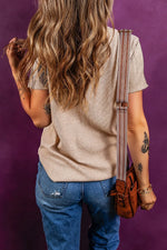 Short Sleeve Half Button Ribbed Knit Top