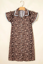 Leopard Print Lace Trim Shirt Collar Button Down Loose Mini Dress