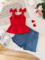 Children's Bowknot Top & Heart Denim Shorts Set