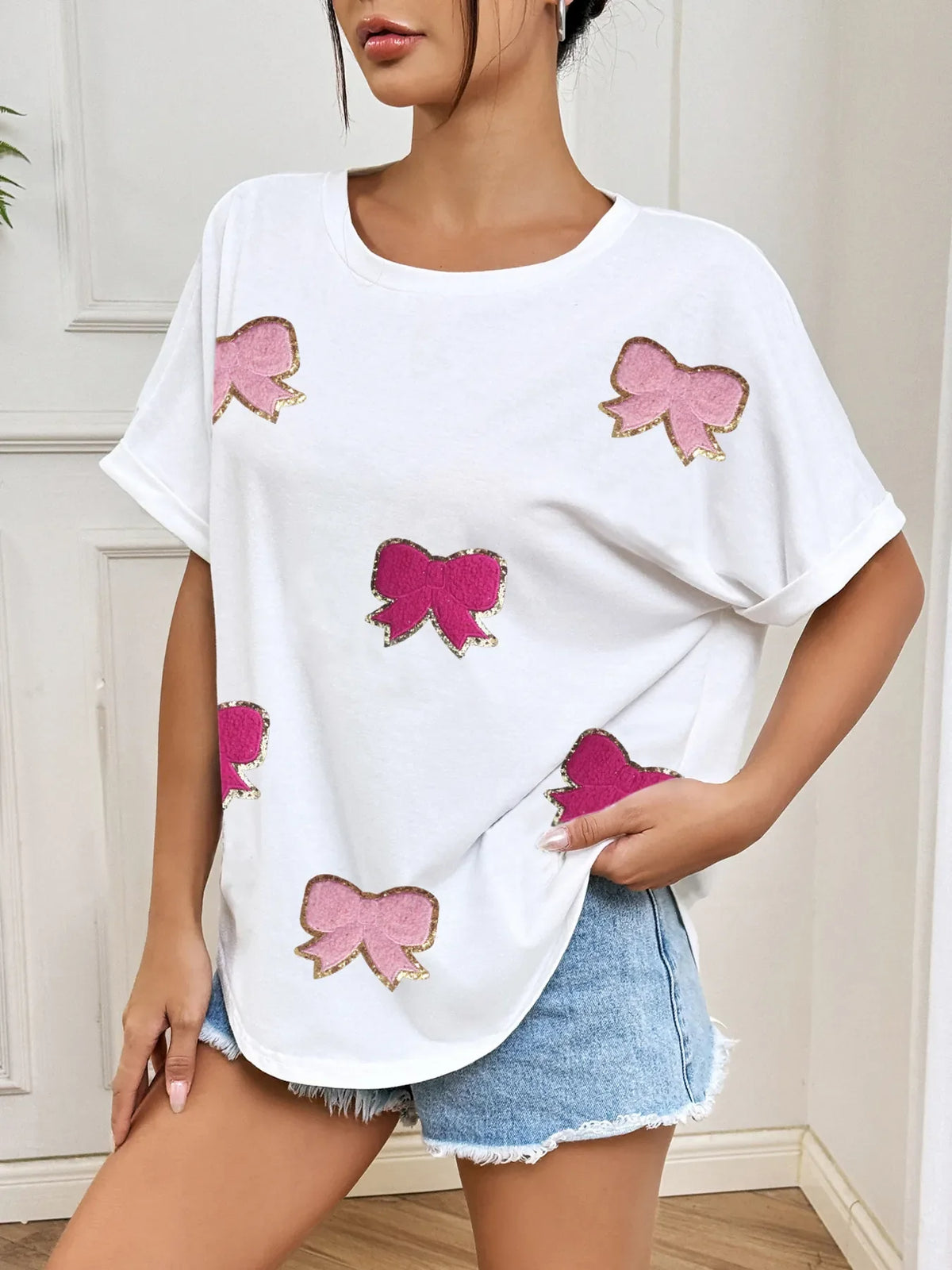 Bow Round Neck Casual T-Shirt