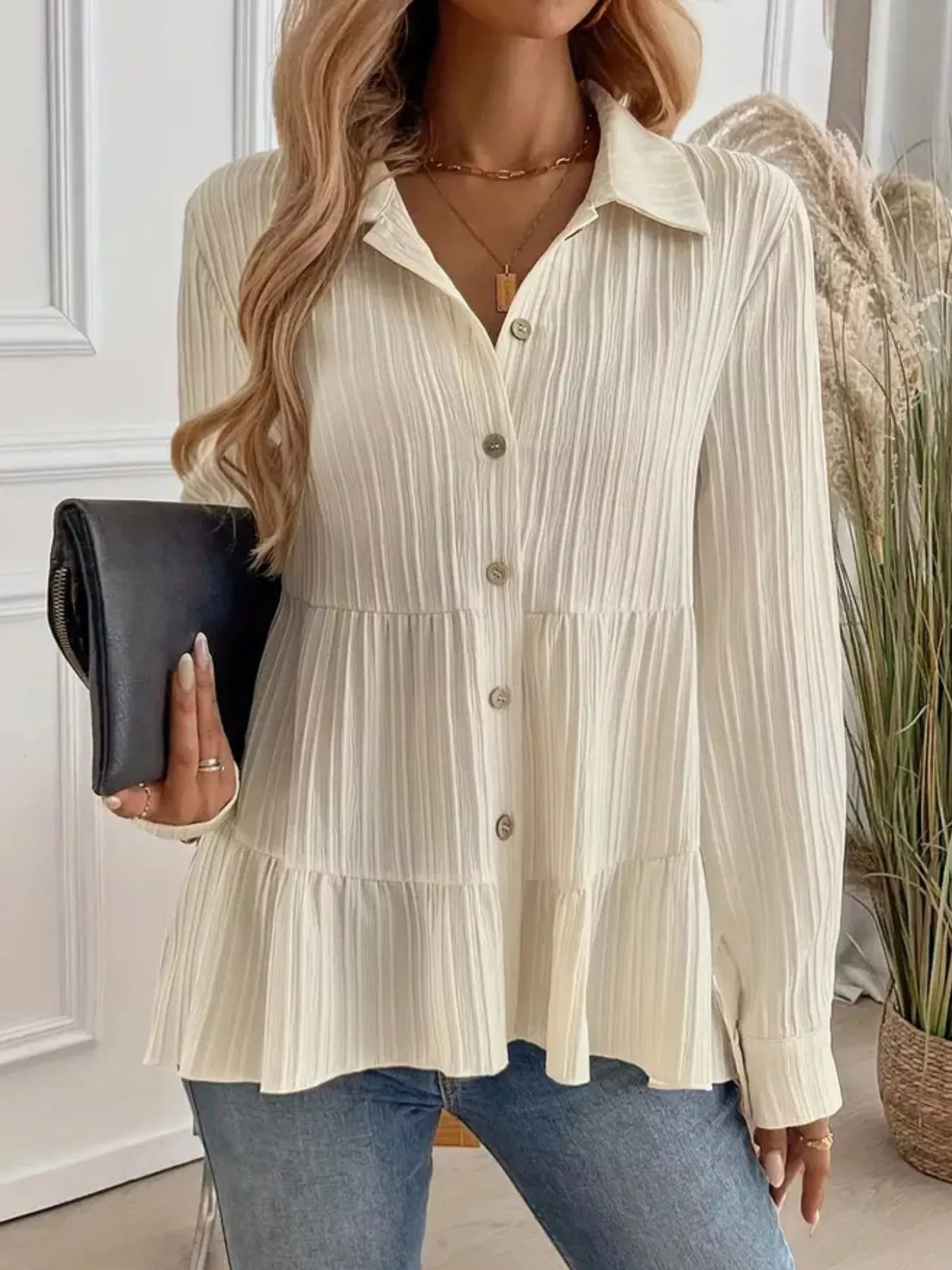 Button-Down Long Sleeve Tiered Shirt