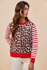 BiBi Leopard With Stripe Combo Buttoned Cardigan