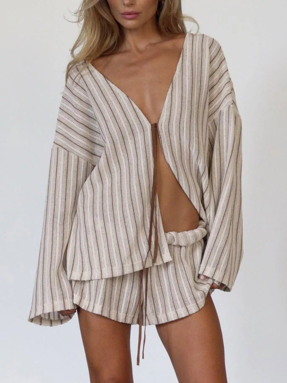 Striped Tie Front Top and Shorts Lounge Set