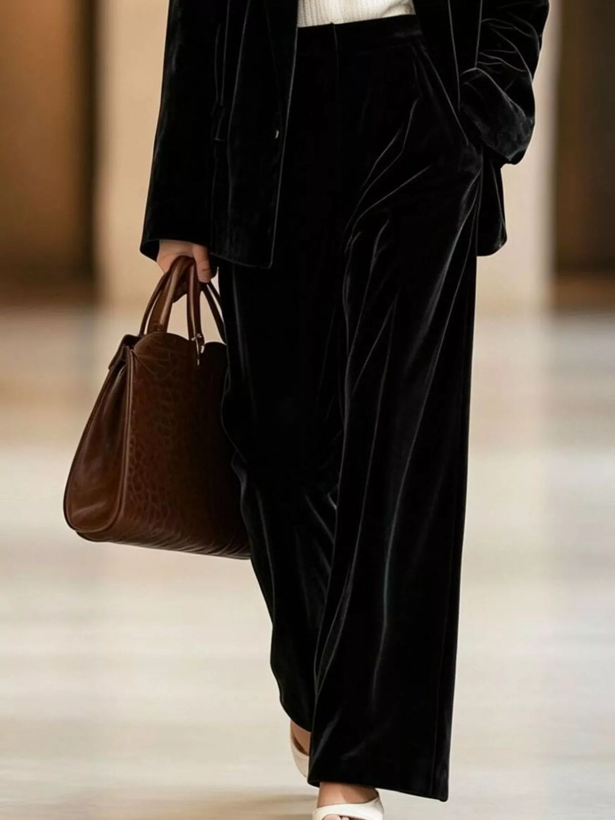 Velvet Blazer and Wide-Leg Pants Two-Piece Set