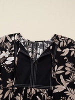 3/4 Sleeve Botanical Print Split Neck Loose Mini Dress