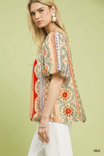 Umgee Patchwork Puff Sleeve Smocked Blouse