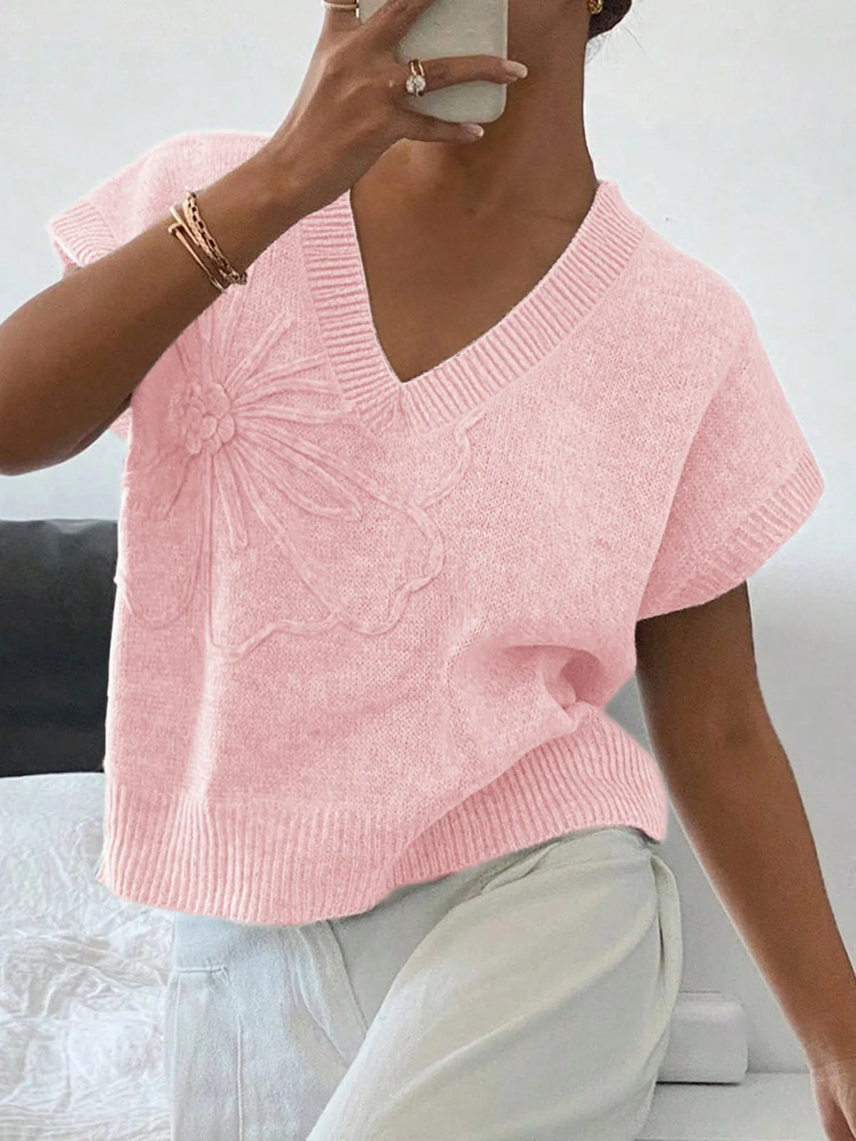 Ribbed Hem V-Neck Short Sleeve Sweater