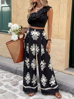 One-Shoulder Ruffled Crop Top and Wide-Leg Printed Pants Set