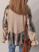 Boho Floral Plaid Patchwork Distressed Detail Ruffled Sleeve Waffle Knit Shacket