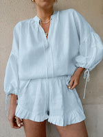 Tie Neck Balloon Sleeve Blouse and Shorts Set