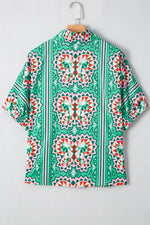 Boho Abstract Print Contrast Striped Collared V Neck Blouse