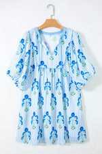 Floral Striped Print Tie Notched Neck Puff Sleeve Flared Mini Dress