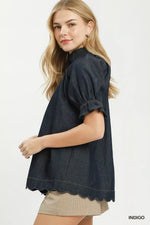 Umgee Chambray Puff Sleeve Scallop Hem Blouse
