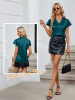 Satin V-Neck Flutter Sleeve Blouse