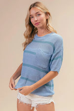 BiBi Patch Pocket Striped Lightweight Sweater Top