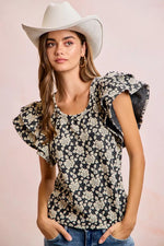 BiBi Floral Jacquard Ruffle Sleeves Knit Top