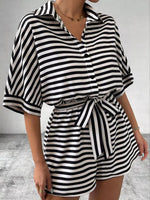 Striped Button-Up Belted Romper