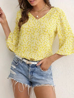 Floral Print V-Neck Bell Sleeve Blouse