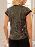 Sequin Notched Cap Sleeve Blouse
