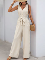 Striped Button-Front Wide Leg Jumpsuit
