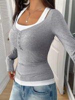 Contrast Long Sleeve Fake Two-Piece T-Shirt