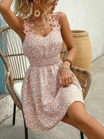 Lace Detail Smocked Printed Wide Strap Mini Dress