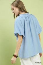 Umgee Puff Sleeve Ruffle Neck Tunic Blouse