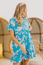 BiBi Floral Crinkle Shirred Ruffle Detail V Neck Dress