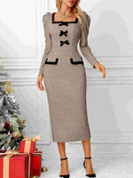 Houndstooth Bow Square Neck Dress