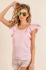 BiBi Wide Layered Ruffle Sleeve Scoop Neck Ribbed Top