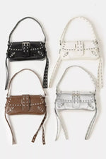 Fame Glossy Faux Leather Rivet Trim Shoulder Bag