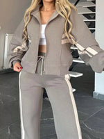 Full Size Contrast Stripe Zip Up Jacket and Pants Set Plus Size