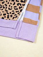 Stripe Color Block Patchwork Leopard Casual Sweatshirt with Slits