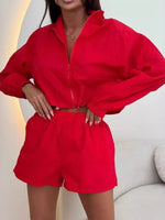 Zip-Up Crop Jacket and High-Waisted Shorts Set