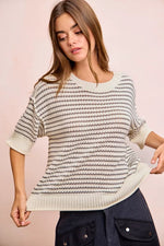 BiBi Stripes Short Sleeves Rib Banded Outseam Knit Top