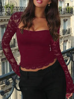 Sheer Lace Sleeve Square Neck T-Shirt