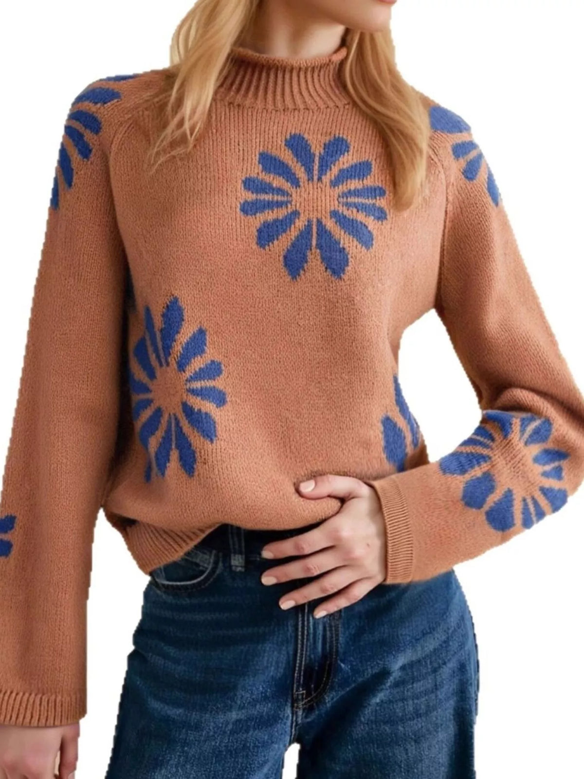 Flower Mock Neck Raglan Sleeve Sweater