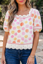 Polka Dot Lace Trim Square Neck Puff Sleeve Blouse