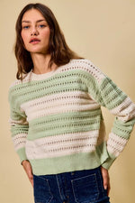 SO ME Openwork Round Neck Wide Stripe Textured Sweater