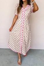Floral Print V Neck Scallop Trim Button Front Short Sleeve Dress